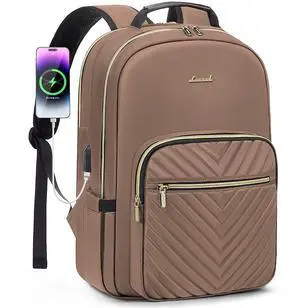 LOVEVOOK Laptop Backpack for Women 17.3 inch,Cute Womens Travel Backpack Purse,Professional Laptop Computer Bag,Waterproof Work Business College Teacher Bags Carry on Backpack with USB Port,Brown