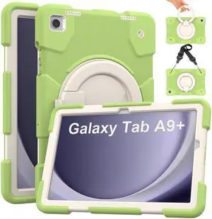 Andnary Case for Samsung Galaxy Tab A9+, Heavy Duty Shockproof Cover with Pencil Holder/360° Rotating Handheld Stand/Shoulder Strap, A9 Plus Case 11 Inch 2023 for SM-X210/X216/X218, Green