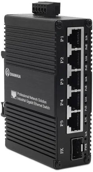 ENIANHUA Industrial 6 Ports Gigabit Solar POE Ethernet Network Switch, 5 x 10/100/1000 Base-T RJ45 Ports, 1 x 1000Base-X SFP Slot, Support 11~56V DC, Aluminum Case, Compact POE Power for Solar Power