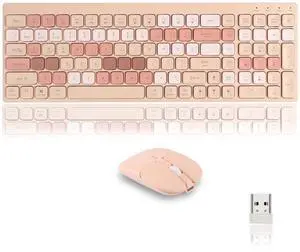 Wireless Keyboard and Mouse Set,2.4G+Bluetooth Dual-Mode Cordless Aesthetic Colorful Full-size Office Keyboard and Cute Optical Mouse, for PC Laptop Tablet (Milk Tea)