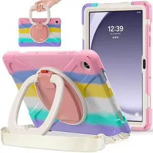 PboyiqiS Case for Galaxy Tab A9 Plus 11" 2023 (SM-X210/ X215/ X216), Heavy Duty Protective Case with 360 Degree Swivel Stand&Hand Strap&Shoulder Strap (Colourful Pink)