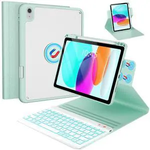 BLUTLOTUS for iPad 11th (A16) 10th Generation Case with Keyboard (2025/2022) - 360° Rotatable Magnetic Folio Cover, 7 Color Backlit Detachable Keyboard with Pencil Holder(Green)