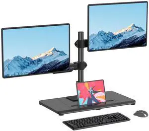 Pholiten Dual Monitor Stand with Wooden Base, Gas Spring Height Adjustable Arms, Each Holds 32 Inch Screen up to 22lbs, VESA Mount 75x75/100x100mm, Tilt/Swivel/Rotate - Ergonomic Desk Mount