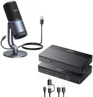 UGREEN 4K Video Capture Card, Full HD 1080P 60FPS USB/Type-C 3.0 HDMI Video Capture Device Bundle Microphone for PC, USB Mic with RGB Lights, Mute Button, 24bit/96kHz, Cardioid Polar