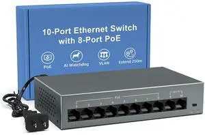 YuanLey 8 Port Gigabit PoE Switch with 2 Gigabit Uplink, 8 Port PoE+ 1000Mbps, 85W 802.3af/at, Extend Function, Metal, Fanless, AI WatchDog, Unmanaged Plug and Play Smart Detection Ethernet Switch