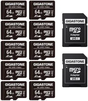 GIGASTONE 64GB Micro SD Card 10-Pack, 4K UHD Video, Surveillance Security Cam Action Camera Drone Professional, 90MB/s Micro SDXC UHS-I A1 Class 10
