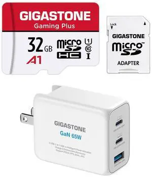 Gigastone 65W GaN Charger & Micro SD Card Bundle, 65W USB C Fast Charging for iPhone with 32GB Micro SD Card, Gaming Plus, MicroSDXC Memory Card for Nintendo-Switch, Steam Deck, 4K Video Recording