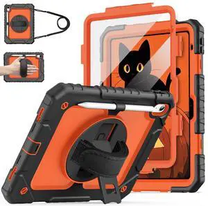 Cantis Case for iPad 11-inch (A16) 2025/ iPad 10th Generation 2022 (10.9 inch) with Screen Protector, iPad 11th Case with 360 Degree Rotating Stand/Shoulder Strap/Pencil Holder, Black+Orange