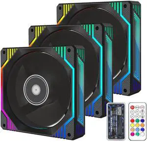 PANO-MOUNTS 120mm 6-Pin Infinity Mirror RGB Computer PC Case Fans with 6-Pin Fan Hub and Adjustable Color Controlled by Remote 3-Pack Black