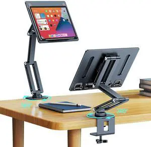 nediea Tablet Stand for Desk, Aluminum Alloy Tablet Holder for iPad, 360 Degree Rotatable Overhead Arm Mount for Bed, Book Stand for Reading, Compatible with 7-15.6 Inches Tablets (Grayish Green)