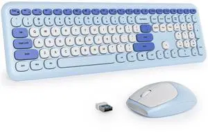 Fogruaden Quiet Wireless Keyboard and Mouse Combo, 2.4GHz Retro Cute Typewriter Full-Size Colorful Blue Keyboard, Slim Design, Low-Noise Typing for Home, Office, Windows PC, Laptop