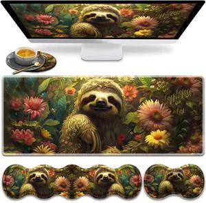Large Gaming Mouse Pad, Keyboard Wrist Rest Pad + Mouse Wrist Pad + Coaster 4 in 1 Set, Extended Waterproof Non-Slip Desk Mat, Suitable for Office Home Learning Games, Flower Sloth
