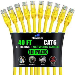 Maximm Cat 6 Ethernet Cable 40 ft (10-Pack) - High-Speed LAN Cable, Internet Cable, Patch Cable, and Network Cable - UTP, 10Gbps, 550MHz Ethernet Cord - Yellow