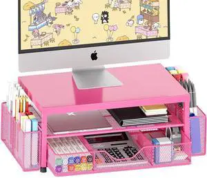 OPNICE Desk Organizer and Accessories, 2-Tier Computer Monitor Stand with Drawer and 2 Pen Holders, Office Desk Accessories for Office Supplies, Carmine Rose