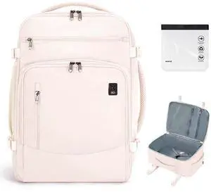 ECOHUB Travel Backpack for Women, 18x14x8 Spirit Airlines Personal Item Bag with Clear Toiletry Bag, Laptop Carry on Backpack with USB Port, Airline Approved Under Seat 14 Pockets 30L, Beige