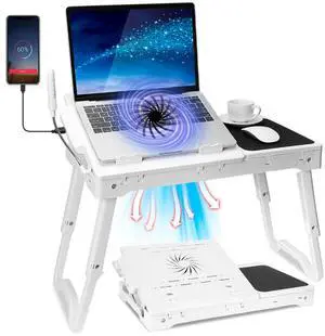 Laptop Desk for Bed,Adjustable Laptop Stand Foldable Bed Table Portable Lap Desk Folding Notebook Stand Reading and Writing Tray with 4 USB Port and Cooling Fan for Bed Couch Sofa Floor (White)