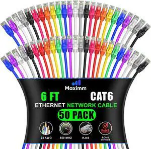 Maximm Cat 6 Ethernet Cable - 6 ft (50-Pack) - High-Speed LAN, Internet, Patch, and Network Cable - UTP, 10Gbps, 550MHz Ethernet Cord - Multicolor