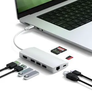 Satechi 8 in 1 USB C Hub Multiport Adapter V2, 4K HDMI, 115W USB C PD Charging, 3 USB-A, Ethernet, Micro/SD Card Readers, for Laptop, MacBook Pro/Air M4/M3/M2/M1, iPad, iPhone 16, Windows - Silver