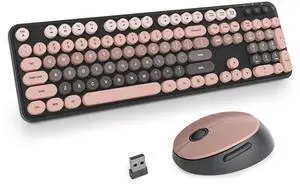 iRoboosta Black Colorful Wireless Keyboard and Mouse Combo Set, 2.4GHz Cute Typewriter Keyboard with Round Keycaps, Full Size with Number Pad, Home and Office Aesthetic Keyboards (Black Pink)