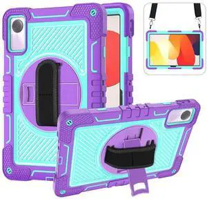 YOUULAR Tablet Case for Xiaomi Redmi Pad SE 11.0 inches, Tablet Shockproof Cover with 360° Rotating Stand and Wrist Strap, Shoulder Strap Purple+Mint Green