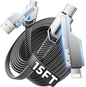 Vexipia 4-in-1 Long USB C Cable 45W 15FT Fast Charging Flat Nylon Braided for iPhone iPad Charger Cord [480Mbps Data Sync] Multi Charge Wire with L/Type C/USB A Port [SHEZI Series]