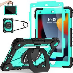 Scnioy Case for iPad 9th 8th 7th Generation iPad 10.2 Inch 9th Gen Tablet Cover with Screen Protector Pen Holder for Kids 360° Rotating Stand, Black Mint