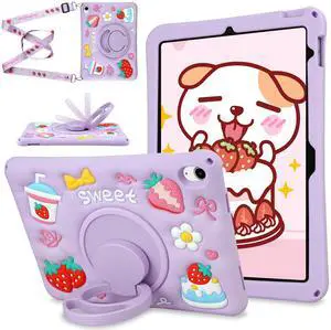 YEBOLU for iPad 10th Generation Case Kids Girls 10.9 Inch Case for iPad (A16) 11th Generation 11 Inch 2025, Strawberry Soft Silicone Cute Tablet Protection Cover with Strap & Rotating Stand, Purple