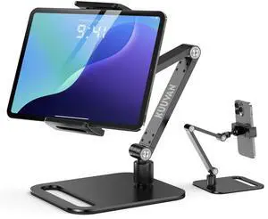 KUUVAN Tablet Stand Holder for iPad, Portable Monitor Stand Holder 15.6'',17.3'', Aluminum Alloy Foldable Arm Mount with 360° Swivel Desk Mount Compatible with 4.7-17.3inch Tablet, Cell Phone (Black)