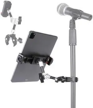FPN Tablet Holder for Microphone Stand, Aluminum Mic Music Stand Mount for iPad and iPhone, Adjustable Tablet Holder with Super Handle Clamp Compatible with 4.7 to 13 inch Tablets & Phones