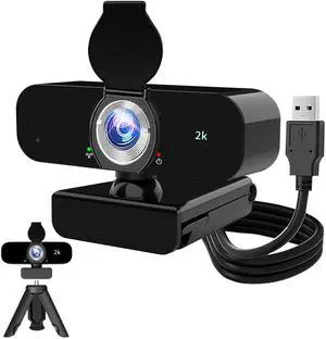 Lusinx Webcam for PC, 2K Webcam with Noise-Canceling Mic, Tripod, Privacy Cover, 120°FOV, Auto Focus/Light Correction/Selfie Beauty, USB Web Camera for Streaming/Meeting/Video/Zoom/Broadcast/YouTube