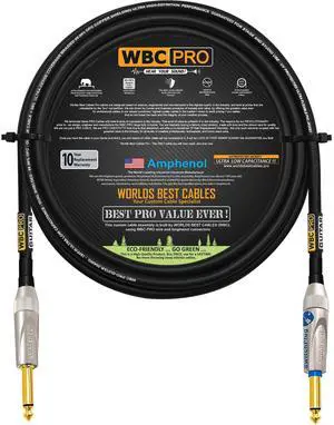 10 Foot - WBC-PRO-Guitar 20 AWG - Low-Cap (18pF/ft) Pro-Grade Graphite-Based - Dual-Shielded Guitar Bass Instrument Cable w/Amphenol Straight - Straight (Silent) Inch (6.35mm) Gold TS Plugs 10 Foot - WBC-PRO-Guitar 20 AWG - Low-Cap (18pF/ft) Pro-Grade Graphite-Based - Dual-Shielded Guitar Bass Instrument Cable w/Amphenol Straight - Straight (Silent) Inch (6.35mm) Gold TS Plugs