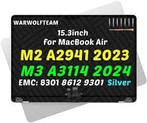WARWOLFTEAM 15.3inch Compatible with MacBook Air Retina A2941 2023 M2 EMC 8301 A3114 2024 M3 EMC 8612 EMC 9301 2880 x 1864 LCD Screen Display Replacement Complete Assembly (Silver) WARWOLFTEAM 15.3inch Compatible with MacBook Air Retina A2941 2023 M2 EMC 8301 A3114 2024 M3 EMC 8612 EMC 9301 2880 x 1864 LCD Screen Display Replacement Complete Assembly (Silver)