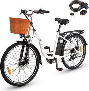 DYU 26" Commuter Electric Bike for Women,15.5MPH Cruiser E Bike, 350W 36V 12.5AH Li-ion Battery, Shimano 6-Speed, Front Basket, Travel Up to 37 Miles, Complies to UL2849