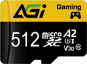AGI 512GB TF138 MicroSDXC Memory Card C10 U3 V30 A2 Micro SD (R/W Speed up to 98/70 MBs) SD Card Adapter is accompanied for Using with DSLRs, camcorders and Other SD-Compatible Devices