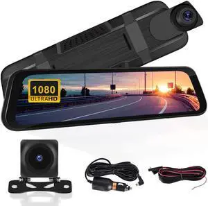 CAMECHO 9.66 Mirror Dash Cam Backup Camera with 32GB Card, 1080P Full HD Touch Screen Dual Front and Rear Camera Super Night Vision, G-Sensor, WDR, Parking Monitor, Loop Recording, Motion Detection