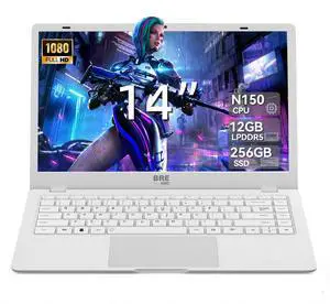 BRENUC Business Laptop, LPDDR5 12GB RAM 256GB 5SD, Win11 Pro Computers, 14" 1920 x 1080 Screen, Intel N150 CPU, Backlight Keyboard, Fingerprint Reader, Webcam, White