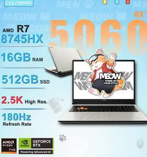 Colorfire MEOW R16 Pro Gaming Laptop | NVIDIA GeForce RTX 5060 8GB | AMD Ryzen 7 8745HX | 16GB DDR5 RAM | 512GB NVMe SSD | 16-inch 2.5K 180Hz IPS Display | Entry-Level Gaming Laptop Colorfire MEOW R16 Pro Gaming Laptop | NVIDIA GeForce RTX 5060 8GB | AMD Ryzen 7 8745HX | 16GB DDR5 RAM | 512GB NVMe SSD | 16-inch 2.5K 180Hz IPS Display | Entry-Level Gaming Laptop