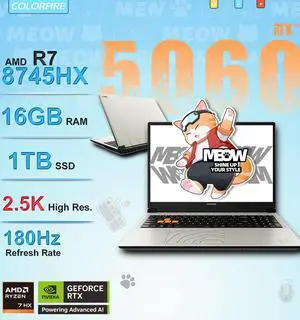 Colorfire MEOW R16 Pro Gaming Laptop | NVIDIA GeForce RTX 5060 8GB | AMD Ryzen 7 8745HX | 16GB DDR5 RAM | 1TB NVMe SSD | 16-inch 2.5K 180Hz IPS Display | Mid-Range Gaming Laptop Colorfire MEOW R16 Pro Gaming Laptop | NVIDIA GeForce RTX 5060 8GB | AMD Ryzen 7 8745HX | 16GB DDR5 RAM | 1TB NVMe SSD | 16-inch 2.5K 180Hz IPS Display | Mid-Range Gaming Laptop