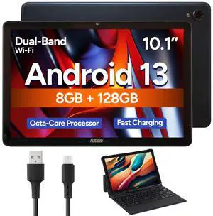 Fusion5 10.1" Android Tablet with Keyboard - Android 13, Octa-core CPU, 8GB RAM, 128GB Storage, Full HD, 10 Inch, Touchscreen, Dual-Band WiFi, Dual Cameras, USB Type C, Fast Charging, Slim & Stylish