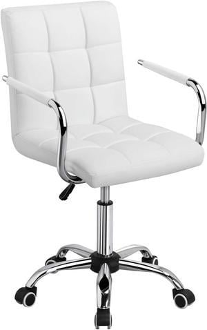 Yaheetech White Desk Chairs with Wheels/Armrests Modern PU Leather Office Chair Midback Adjustable Home Computer Executive Chair 360° Swivel