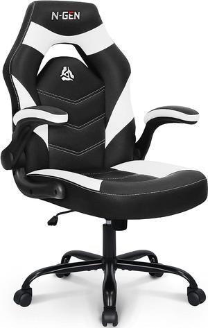 N-GEN Video Gaming Computer Chair Ergonomic Desk Office Chair for Adults with Lumbar Support Flip-Up Arms Adjustable Height Swivel Wheels PU Leather Executive Design for Home and Office (White)
