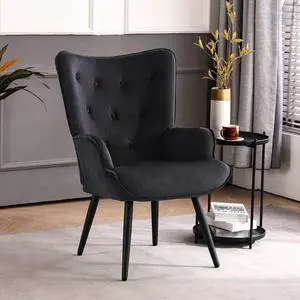 Furniliving Velvet Accent Chair Modern Upholstered Side Armchair with Tapered Legs Tufted Button Wingback Sofa Chairs Tall Back Reading for Living Room Bedroom Waiting Room, Black, Welcome to consult