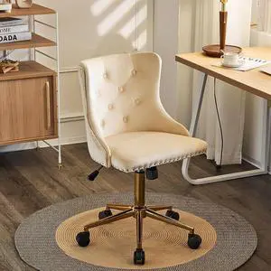 VINGLI Beige Velvet Armless Home Office Desk Chair with Gold Base/Wheels, Small Cute Vanity/Makeup Chair with Back for Bedroom, Upholstered Adjustable Rolling Swivel Nail Chair for Women/Girls