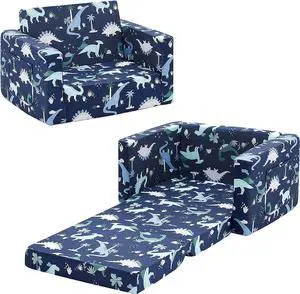 Ulax Furniture Children Sofa Chair Kids FILP-Out Chair Convertible Sofa to Sleeper Couch (Navy Dinosaur), Welcome to consult