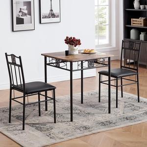 VECELO 3-Piece Dining Room Wooden Kitchen Table and Pu Cushion Chair Sets for Small Space, Retro Brown