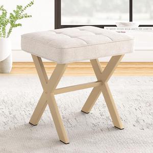 LUE BONA Square Linen Makeup Stool, Metal X Legs, Small Ottoman Stool Chair for Vanity, Modern Padded Seat Foot Rest for Makeup Room, Bathroom