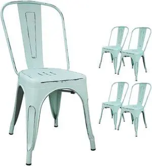 Devoko Metal Indoor-Outdoor Chairs Distressed Style Kitchen Dining Chairs Stackable Side Chair with Back Set of 4 (Blue)