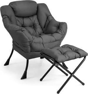 Giantex Lazy Chair with Ottoman, Accent Sofa Chair with Folding Footrest, Side Storage Pocket, Upholstered Leisure Lounge Armchair with Stool for Bedroom, Living Room, Office, Gray