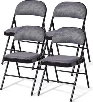 GOFLAME 4 Pack Folding Chairs, Fabric Dining Chair Set with Padded Seat & Metal Frame, Indoor Outdoor Upholstered Commercial Seat for Home Office Events Wedding Party, Grey & Black