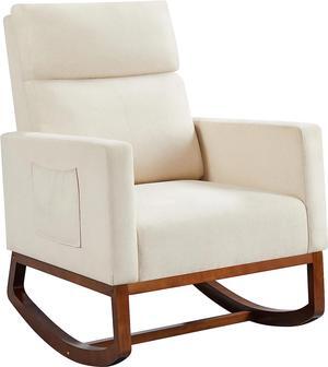 Yaheetech Rocking Living Room Chair, Upholstered Glider Chair with Side Pocket, Modern Accent Chair with High Back Comfy Armchair for Living Room Bedroom Lounge Nursery, Beige